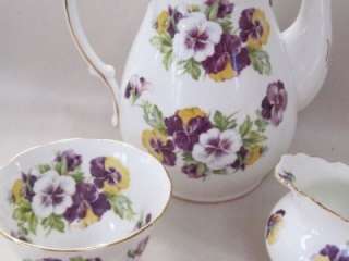   Chelsea English Bone China Pansy Gold Trimmed Teapot Sugar and Creamer
