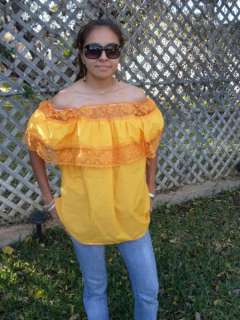 YELLOW GYPSY PEASANT BLOUSE LACE MEXICAN ONE SIZE FITS  