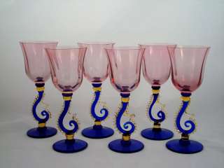 Venetian Wine Glasses Goblets Cobalt Blue Rose Pink Amber  