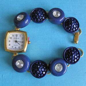 Vintage Navy Blue Rhinestone Button Gold Watch Bracelet  
