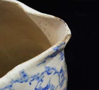 Antique Blue Spongeware Stoneware pottery pitcher 8 tall  