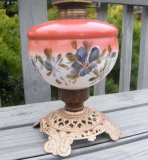   VINTAGE 1800s GLASS RED & BLUE HAND PAINTED FLOWER KEROSENE OIL LAMP