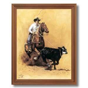  Rodeo Cowboy Calf Roping Western Animal Picture Oak Framed 