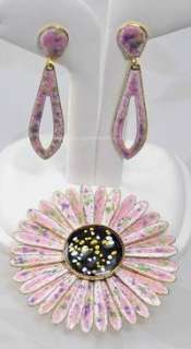 Summery Pink Enamel Flower Power Brooch and Earring Set  