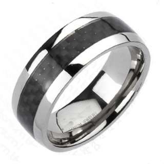   Titanium Mens Black Carbon Fiber Stripe Comfort Fit Wedding Band Ring