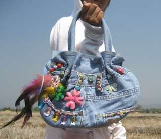 Rivetted Ladies Denim Tote Bag with Feathers and Jewels Tote Bags 