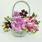   Pinky Flower Basket Silver Plated Leaf Gemstone Brooch Pins Fashion
