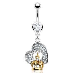 GOLD CROWN GEM PAVE HEART BELLY NAVEL RING CZ DANGLE BUTTON PIERCING 