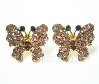 Gold pt Butterfly rhinestones studs CRYSTAL ear ring  