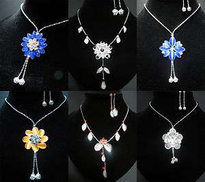   Gemstone Rhinestone Flower Jewelry Set Necklace w/ Earrrings #5879N