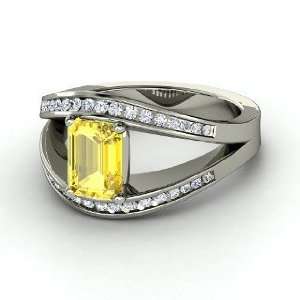  Cleopatra Ring, Emerald Cut Yellow Sapphire 14K White Gold Ring 