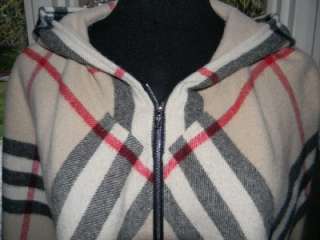   Nova Check Wool Cashmere Zippered Hooded Shawl Poncho Cape  