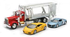 NEW RAY 1/32 SCALE KENWORTH AUTO CARRIER W/ RED CAB & 2 CARS DIECAST 