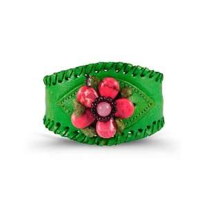    Green Leather PU Pink Green Brown Stone Flower Cuff Jewelry