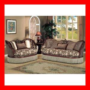 Traditional Cherry Brown Solid Wood Fabric Sofa Loveseat 2 Pc Living 