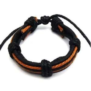   Mens Black Leather & Brown Cord Surf Wristband Bracelet   0060