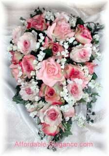   PINK Roses CASCADE Bridal Brides BOUQUET Silk Wedding Flowers Lily