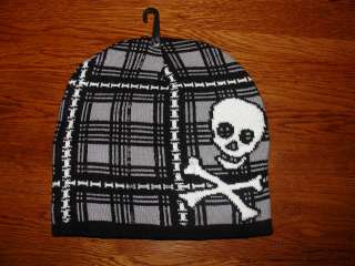 Pirate Skull & Crossbones Black Grey Checkered Beanie Knit Cap Skully 