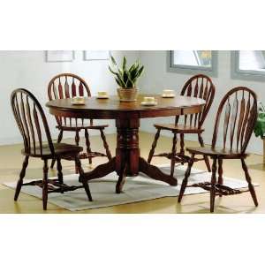   Oak Finish Wood Pedestal Dining Table and Chairs Set: Furniture