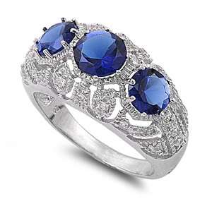 Silver Royal Blue Sapphire CZ 3 Stone Open Cut Ring S 6  