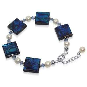 Sterling Silver 10mm Abalone Crystal and Imitation Pearl Bracelet 7 to 