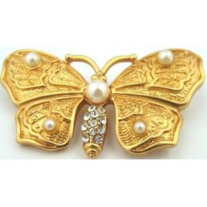   Gold Electro Plated Faux Imitation Pearl Butterfly Brooch Pin Jewelry
