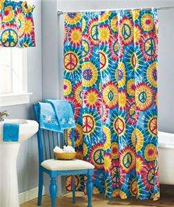 RETRO GROOVY PEACE PAZ SIGN WITH TIE DYE BURSTS SHOWER CURTAIN  