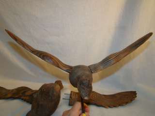 Pair (2) Vintage WOOD Carved FOLK ART Old FLYING Bird DUCK Statue 