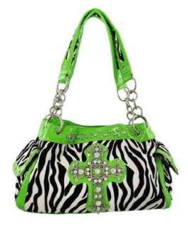  Zebra Print Gothic Cross Studded Handbag Lime Green Trim 