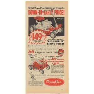 1959 Gambles Red Rambler Rider Riding Mowers Print Ad:  