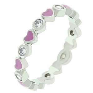   Gold Bonded Silver Pink Enamel Hearts CZ Eternity Band Ring Jewelry