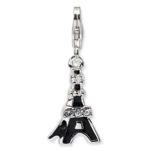   Silver 3 D Black Enameled CZ Eiffel Tower w/Lobster Clasp Charm