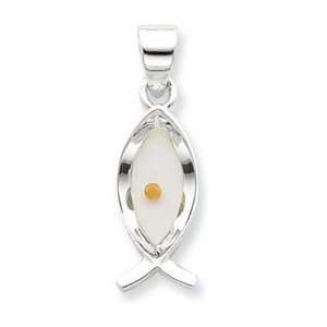 Sterling Silver Enameled with Mustard Seed Ithicus Fish Pendant with 