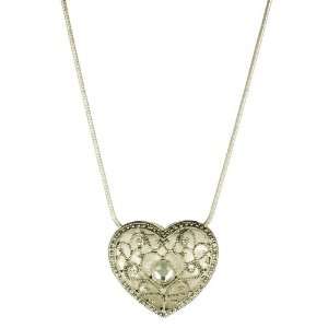 : Silver Tone Vintage Inspired Rhinestone and Heart Pendant Necklace 