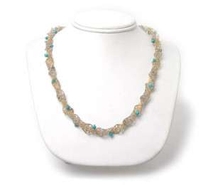 STRIKING 14k TWO TONE GOLD & TURQUOISE MESHED NECKLACE  