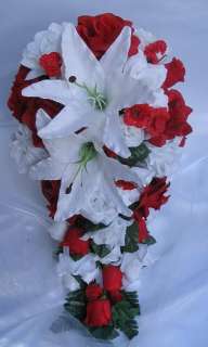 21pcs LILY Bridal bouquet wedding flowers RED / WHITE  