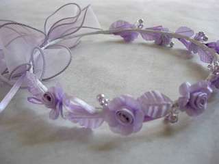 Lavender Flower girl wreath halo headpiece long ribbon  